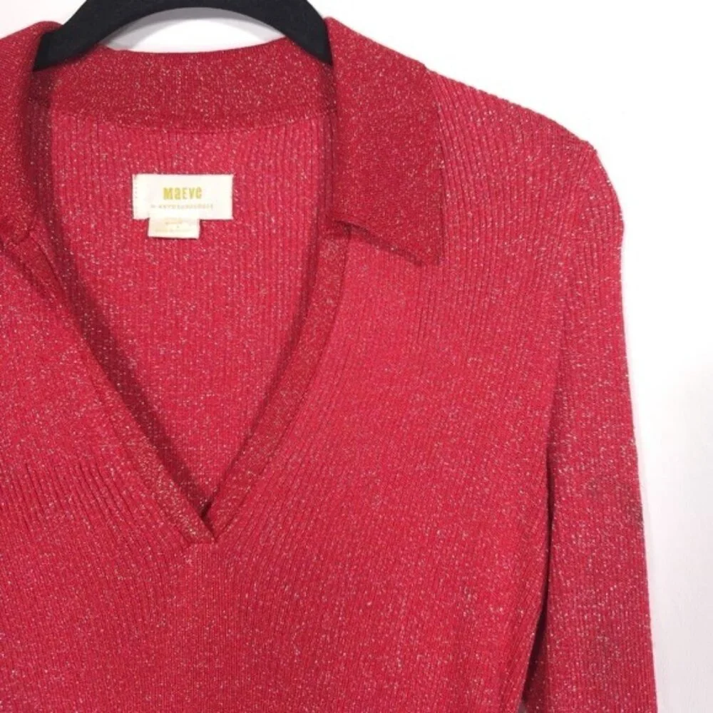 Maeve Anthropologie V-Neck Lurex Polo Sweater MEDIUM Shiny Metallic‎ Long Sleeve